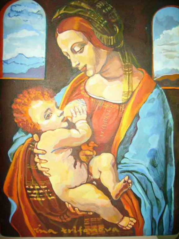Copy of the Leonardo's "Madonna with a child ", acrylic colors on wood, Ina Trifonova
